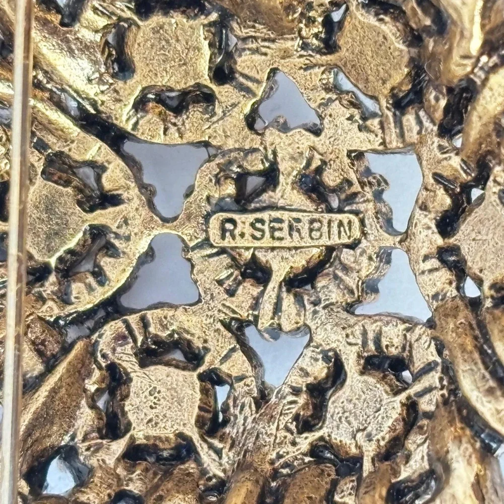 Vtg R Serbin Brooch Crown Royal Crest Gold Tone Rhinestone Aurora Borealis *Read
